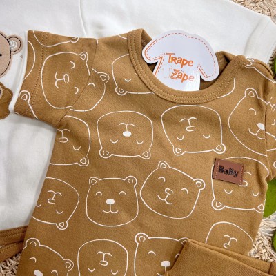 Conj. de Malha 3 peças - Bear Fofinho com Estrelinhas - Caramelo e Off White